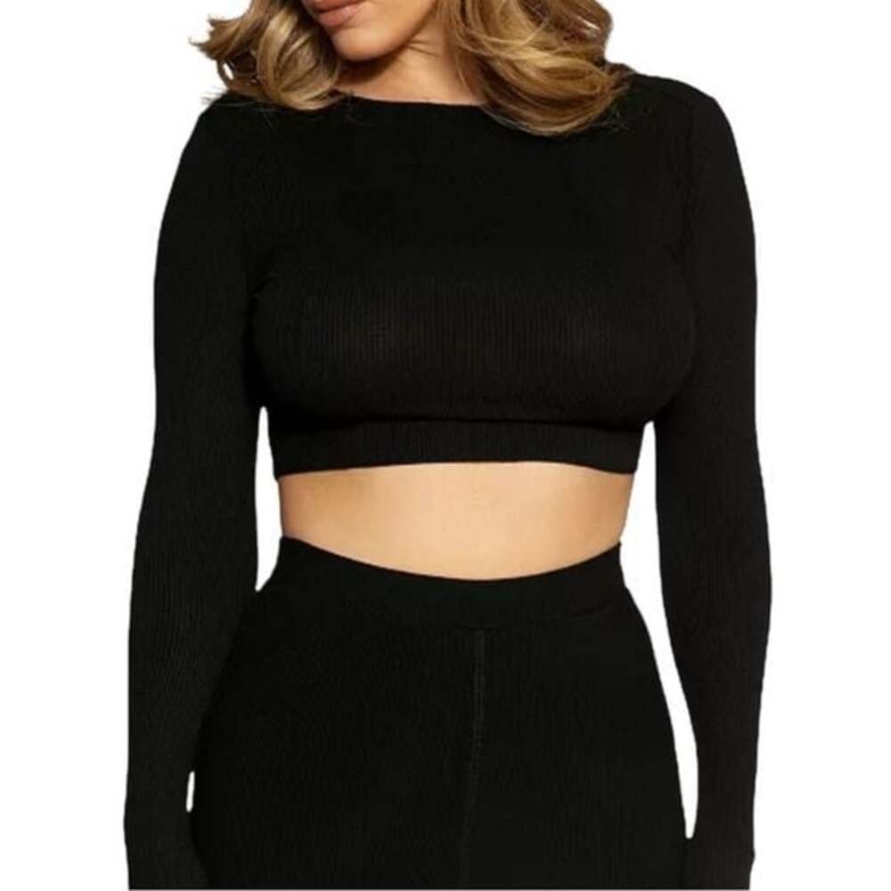 Naked Wardrobe Ribbed Long Sleeve Crop Top in Black Size Medium